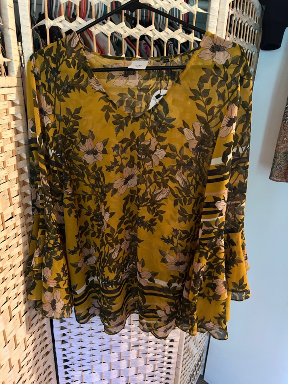 CAbi Mustard Floral Bell-Sleeve Tunic with Pink Blooms